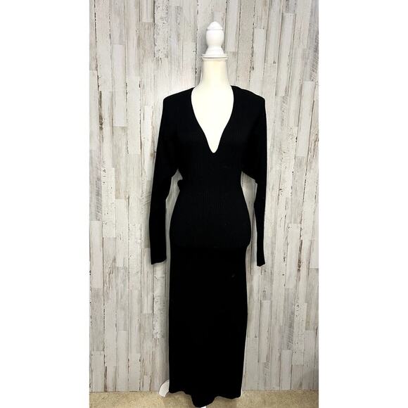 Good American Women's Black Ribbed Knit V-Neck Midi Dress Size 4 Long Sleeve - Picture 1 of 5